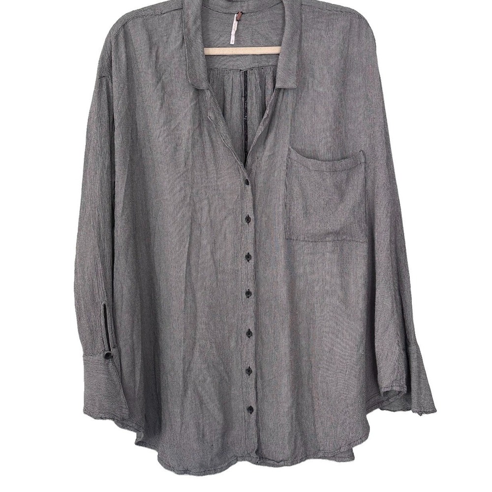 Free People Women's Large Magic Breeze Gray Black Stripe Oversized Tunic Shirt